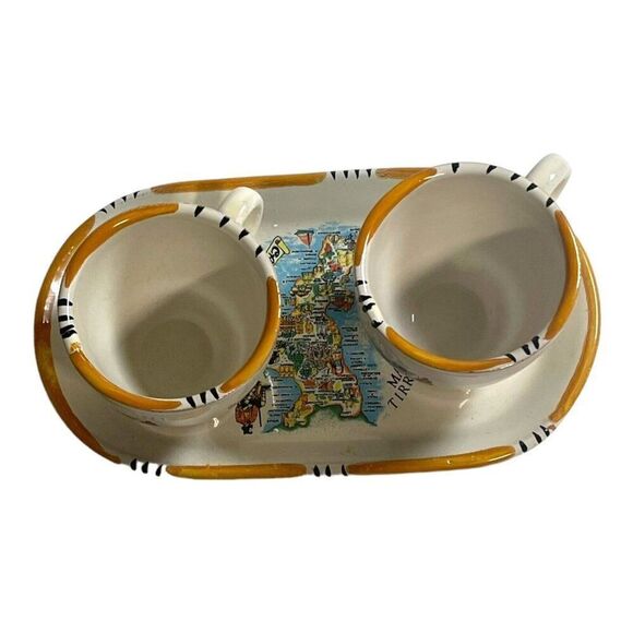 Italian Souvenir Coffee Tea Set 2 Cups Mugs Pottery Calabria VTG map landmarks - Picture 4 of 13